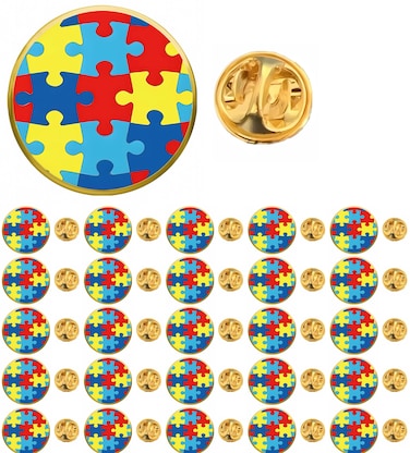 25/50/100pcs Round metal Autism awareness pin Autism pin lapel pins Multicolor autism puzzle brooch pin Autism awareness badge for clothes backpacks hats bulk (25)