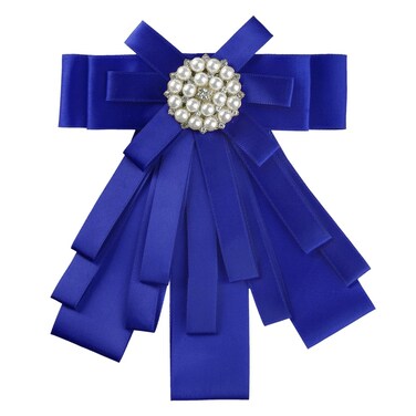 Allegra K Women's Pre-tied Bowknot Beads Bow Tie Elegant Large Ribbon Brooch One Size Royal Blue