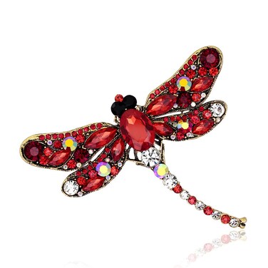AOCHEE Multi-Colors Wing Dragonfly Brooch Pin Austrian Crystal Rhinestone Dragonfly Necklace Jewelry (Red)