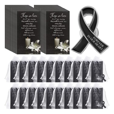 Unittype 60 Set Funeral Ribbon Pins Ribbon Awareness Lapel Pin Remembrance Ribbon Brooch with Prayer Cards Organza Bags (Black)