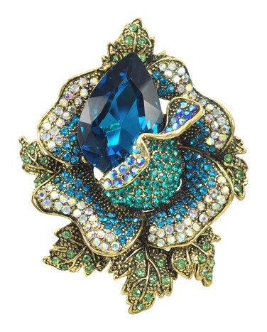 Gyn&amp;Joy Gold Tone Aurora Borealis Blue Rhinestones Created Gem Rose Flower Pendant Pin Brooch
