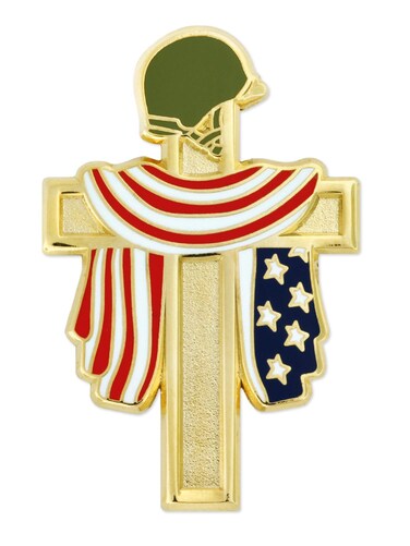 PinMart Patriotic American Hero Flag Cross &ndash; U.S.A. Cross for American Heros- Gold Plated Enamel Lapel Pin - SecureClutch Back for Hats, Scarves and Backpacks