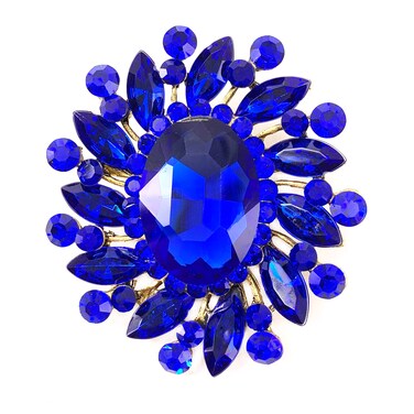 SELOVO Flower Rhinestone Statement Brooch Pin Broach Antique Gold Tone (Blue)