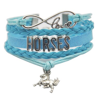 Ac Union Handmade Adjustable Leather Bracelet, with Blue Horse Metal Charm Friendship Gift for Women