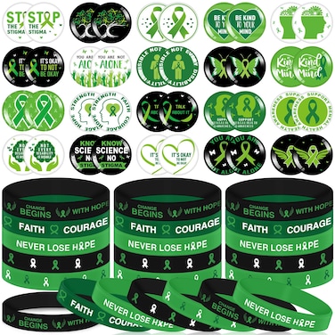 Hiboom 80 Pcs Mental Health Awareness Bracelets and Pins Set Green Ribbon Mental Health Awareness Gift for Women Bulk Mental Health Buttons Badge and Bracelets for Mental Health Supplies Party Favors