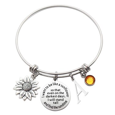 Eilygen Sunflower Bracelet Gift Initial Charm Bracelet 26 Letters Adjustable Bracelet for Women Encouragement Jewelry for Her (Sunflower Bangle A)