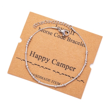 Morse Code Bracelets for Women Happy Camper Funny Inspirational Jewelry Christmas Birthday Gifts for Her Mom Daughter Sister Best Friend Handmade Fashion Trendy Dainty Chain Bangle