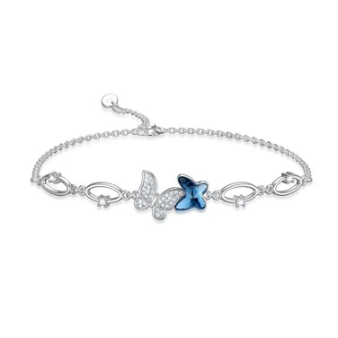 Flpruy Blue Purple Butterfly Bracelet 925 Sterling Silver for Women Cute Crystal Butterfly Jewelry Gifts 7''+2''