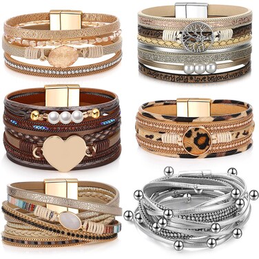 Yinkin 6 Pcs Boho PU Leather Bracelets for Women Wrap Bracelets Multi Layer Bohemian Cuff Bracelets Stack Bracelets Jewelry(Novel)