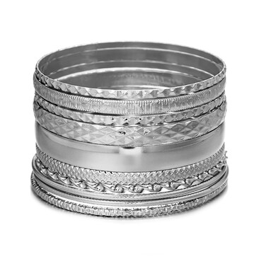 RINTOLER 10Pcs Silver Bangle Bracelets Set for Women - Textured Stackable Bracelets Indian Bollywood Bangles Bracelets Boho Jewelrys for Women. (G set 10pc Silver)