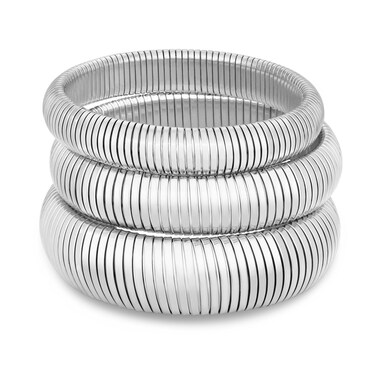 BONJOULRY Gold Bangle Bracelets for Women Chunky Stretch 18K Gold Plated Stainless Steel Link Chain Bangles Flexible Wide Wristband Bracelets Set Stack of 3 12MM/16MM/20MM Silver