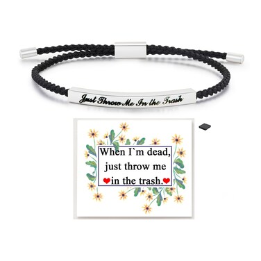 LIU JUN Just Throw Me In The Trash Motivational Tube Bracelet For Women, Adjustable Hand Bradied Wrap Stainless Steel Inspirational Gifts Jewelry (Just Throw Me In The Trash Silver+Black)