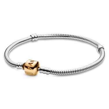 PANDORA Logo Barrel Clasp Snake Chain Bracelet - Two-Tone Charm Bracelet for Women - Compatible Moments Charms - Sterling Silver Gold - Gift for Her - 6.7", With Gift Box