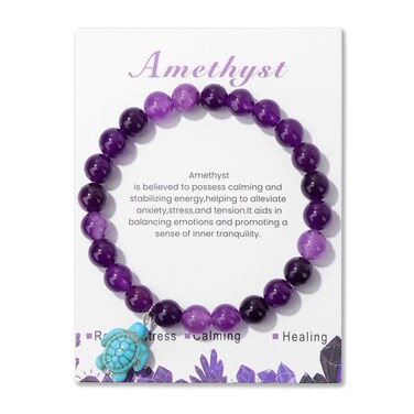 Caiyao Natural Stones Sea Turtle Beaded Bracelet with Cards Amethyst Turquoise Gemstone Turtle Elastic Stretch Bracelet Hawaii Summar Beach Friendship Jewelry for Women Gifts-D