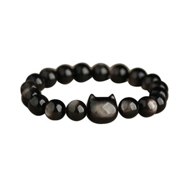 Pingyongchang Natural Black Obsidian Bracelet, Crystal Cat Beaded Bracelets for Women Men, Stretch Bracelet 8mm Stretch Elastic Bracelets-Silver