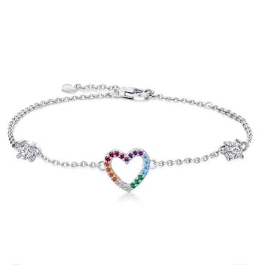 Qings Love Heart Bracelets for Women 925 Sterling Silver with Colorful Zirconia, Anniversary Valentine's Mother's Day Charm Link Chain Bracelet Jewelry Gifts for Wife Mom Her