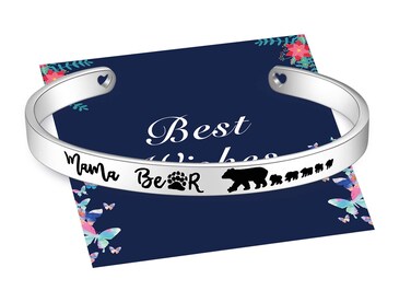 Veeshy Mama Bear One Mother with Five 5 Cubs Cuff Bracelet, Womens Stainless Steel Bangles, Christmas Birthday Thanksgiving Gift for Mom