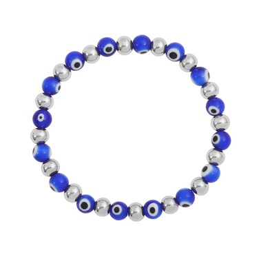 Edforce Stainless Steel Women Enamel Evil Eye Protection Beaded Link Chain Elastic Bracelet (Blue Silver)