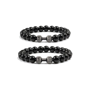 Atiptu Dumbbell Bracelets for Men Women Natural Stone Dumbbell Beads Bracelets Train Tough Dumbbell Bracelet Gym Bracelet Fitness Barbell Jewelry Gifts (Black+Black)