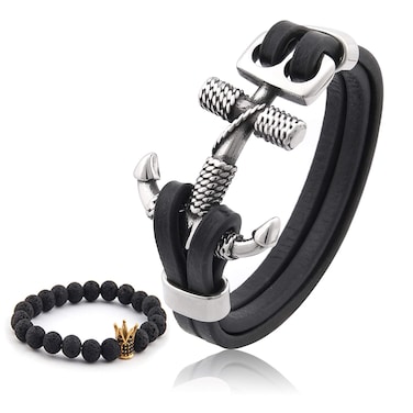 Gungneer Anchor Leather Bracelet Stainless Steel Nautical Rope Sailor United State Navy Jewelry Gift Men Women