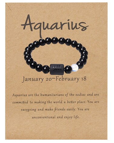 LAKIYOYO Zodiac Bracelet for Men Women Adjustable Natural Black Onyx Stone Bracelet 8mm 10mm Star Sign Constellation Horoscope Bracelet Gifts(aquarius 1)