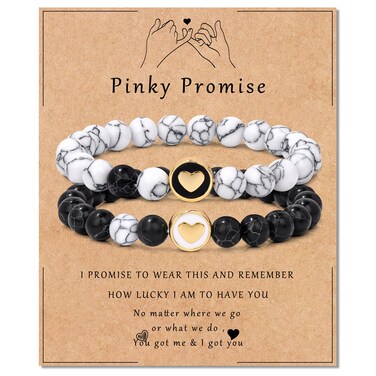 Risyfjew 2pcs Matching Bracelets for Couples Heart Couples Bracelets for Women Men 8mm Black White Turquoise Jewelry Gifts for Boyfriend Girlfriend Best Friend