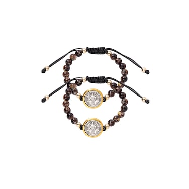 2Pcs San Benito Bracelets Tiger Eye Adjustable Bracelet Saint Benedict Medal Pendant Bracelet Protection Blessing Bracelet Catholic Matching Bracelets For Women Men