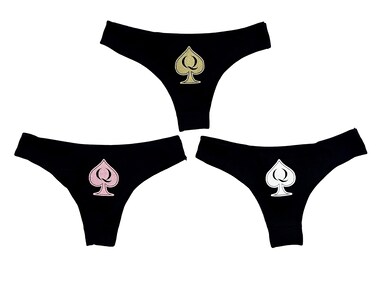 Queen of Spades Ribbed Bikini Set with QoS Symbol Black with White and Gold and Pink (as1, alpha, m, regular, regular)