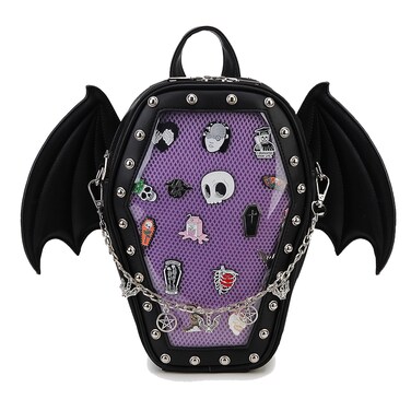 fancybag Goth Coffin Backpack with Detachable Bat Wing Halloween Coffin Ita Punk Shoulder Bag for Enamel Pins Display