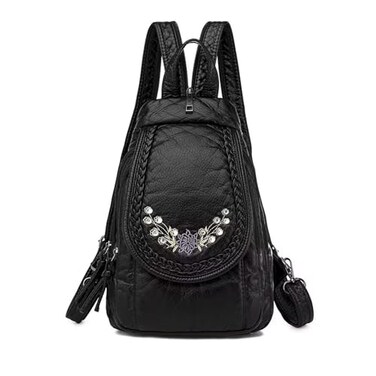 HUAZHIMAO Mini Backpack for Women, Soft Washed PU Leather Small Backpack Purse for Women, Waterproof Fashion Shoulder Bag, Ladies Travel Black Rucksack Handbags Bags with Beautiful Flower Pattern