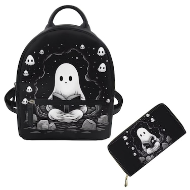 Showudesigns Cute Ghost Backpack Purse for Women Mini Backpacks Leather Shoulder Bags for Travel Work Handbag Waterproof Backpacks Purse and Wallet Set Small Pouch 2 Pack