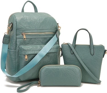 Medium Backpack Purse for Women Convertible Travel Soft Backpacks Ladies Purse set with Wallet and Crossbody Bags MintGreen