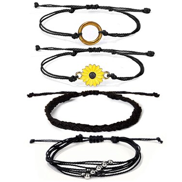 Caiyao 4 Pcs Summer Surfer Wave Anklet Bracelets Adjustable Strand Braided String Rope Bracelets Waterproof Handmade Sunflower Bracelets Anklets Jewelry for Women-Black