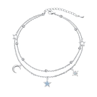 HOOHWE Moon Star Anklets for Women 925 Sterling Silver Layering Cubic Zirconia Ankle Bracelets for Women Adjustable Summer Beach Beads Foot Chain Jewelry for Women