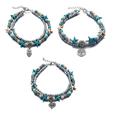 Uloveido 3 pcs Simulated Turquoise Starfish Beach Anklets Set Owl Bird-Heart-Tree of Life Multilayer Bracelet Anklets for Women Ladies Y811-2