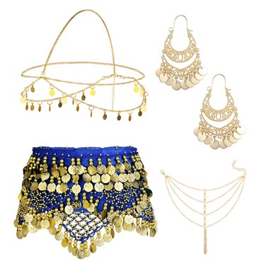 ORAZIO 4 Sets Women's Belly Dance Accessories,Belly Dance Hip Scarf Wrap Belt,Bohemian Gold Coin Drop Earrings Headpiece Small Coins Hair Chain Tassel Anklet Bracelet Gypsy Costume for Women
