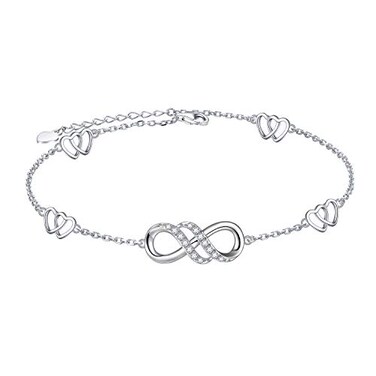 FLYOW Double Infinity Anklet 925 Sterling Silver for Women Adjustable Heart Ankle Bracelet Boho Beach Foot Chain 9+1 Inch Charm Jewelry Best Birthday Gifts