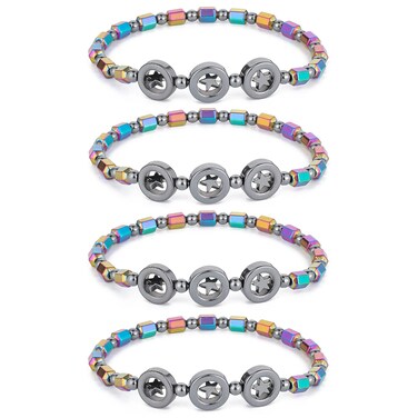 VALIJINA 4pcs Hematite Anklet for Women Men - Hematite Stone Anklet Anxiety Relieve Anklet Circle Star Anklets