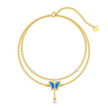Rikelus 14K Real Gold Butterfly Anklets for Women,Solid Gold Blue Opal Butterfly Ankle Bracelet Layered Foot Anklet Sea Beach Jewelry Gifts for Mothers Day Birthday 7.5/8+2 inch