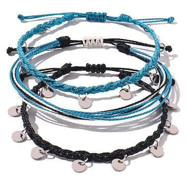 FANCY SHINY String Ankle Bracelets Waterproof Rope Anklets Braided Beach Boho Coin Anklets Cute Friendship Foot Jewelry for Women(Blue&amp;Black)