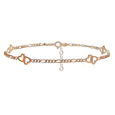 Hoops &amp; Loops Rose Gold Flashed Sterling Silver Figaro Chain with Double Heart Anklet
