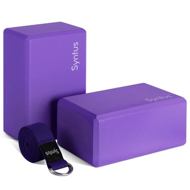 Syntus Yoga Block and Yoga Strap Set, 2 EVA Foam Soft Non-Slip Yoga Blocks 9&times;6&times;4 inches, 8FT Metal D-Ring Strap for Yoga, General Fitness, Pilates, Stretching and Toning