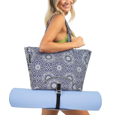 Explore Land Yoga Bags for Women with Large Pocket Pilates Tote Bag for Gym Beach Workout,Fits Water Bottles and All Size Mats(Blue)