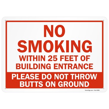 SmartSign 10 x 14 inch No Smoking Within 25 Feet Of Building Entrance - Do Not Throw Butts On Ground Metal Sign, 40 mil Laminated Rustproof Aluminum, Red and White