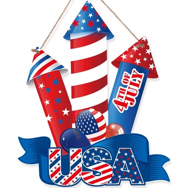 Jetec 4th of July Independence Day Decorations American Patriotic Rustic Wooden Plaque with Rope, Wood American Flag for Front Door Porch Wall Window(Rockets Style)
