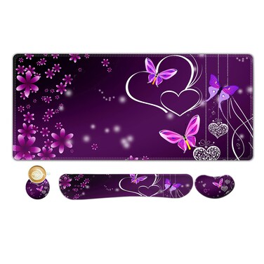 ARTSO Large Gaming Mouse Pad, Keyboard Wrist Rest Pad &amp; Wrist Support Mousepad Set, Stitched Edge, Extended, Non-Slip Base, Memory Foam Desk Mat for Office, Home, Purple Heart Butterfly
