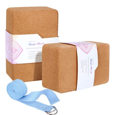 ARLTB Cork Yoga Blocks 2 Pack with Yoga Strap Set 9"x6"x4