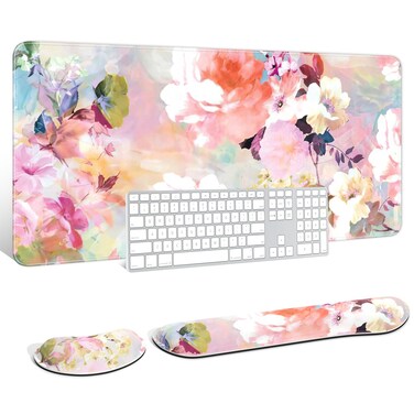 Auhoahsil Large Mouse Pad with Wrist Support Set of 3, Memory Foam Keyboard Wrist Rest + XXL Extended Gaming Mouse Pad + Mouse Wrist Pad, Ergonomic Desk Pad for Women Men, Watercolor Art Pink Flowers