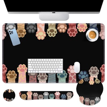 Arttown Multi Cute Cat Dog Desk Mat, Colorful Pet Paws Mouse Pad Set with Wrist Support, 4-in-1 Large Mousepad+Keyboard Wrist Rest+Mouse Wrist Rest+Coaster with Ergonomic Design, Non-Slip Mat