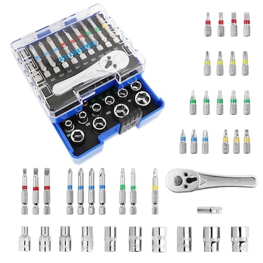 ELUMPLUS 1/4" Mini Ratchet Set (41-Piece) Small Ratchet Wrenches Set, Ratchet Screwdriver Bit Set, Phillips/Slotted/Hex/Square/Torx Bits, SAE Sockets Set with Case